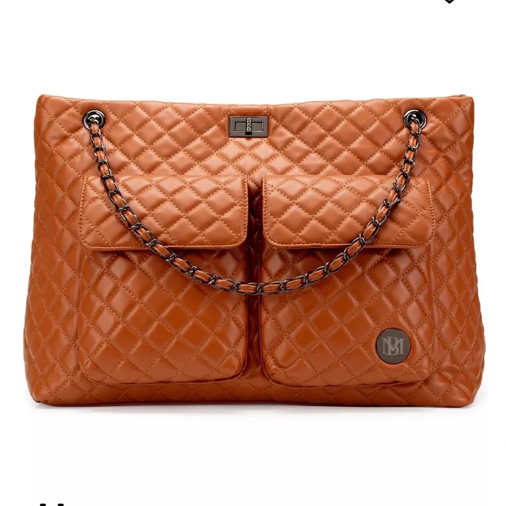 Badgley Mischka Diana Quilted Faux Leather Travel Tote Chain Shoulder Bag purse